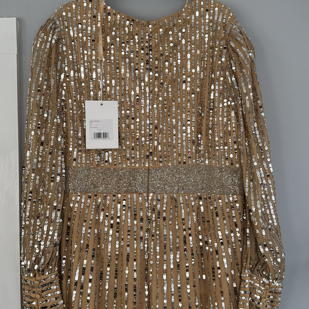 MAC DUGGAL 22 Beige Sequined Wrap Over Bishop Sleeve Gown - Picture 6 of 14